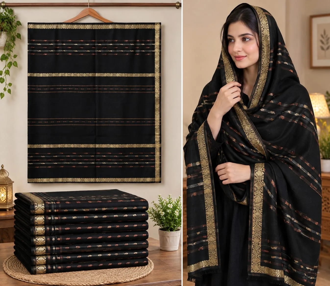 Woman styling a black embroidered shawl over an outfit