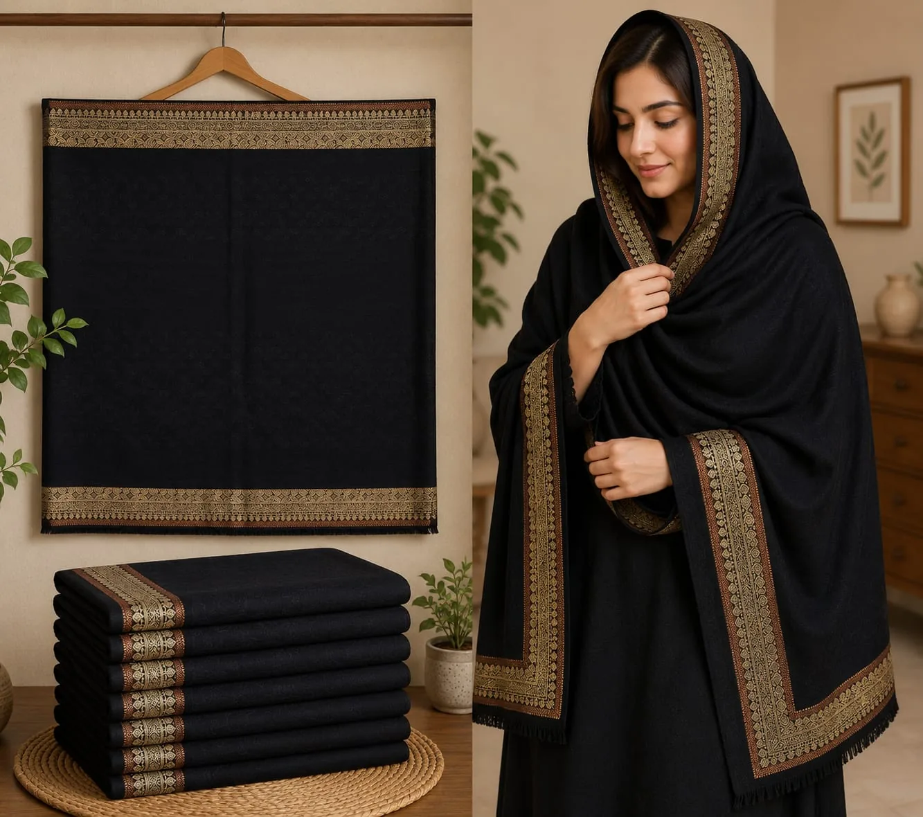 Woman wearing a black embroidered shawl